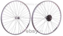 700c PAIR Hybrid Bike Silver Alloy Wheels + 6 Speed Shimano Freewheel