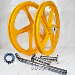 BMX BICYLE 20 Sport Rim YELLOW Complete Wheelset + seat post + Sprocket 16T