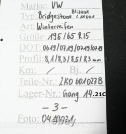 Pneus d'hiver Bridgestone pour VW Caddy 2K, 195 65 15 pouces, jantes d'hiver 2K0601027B